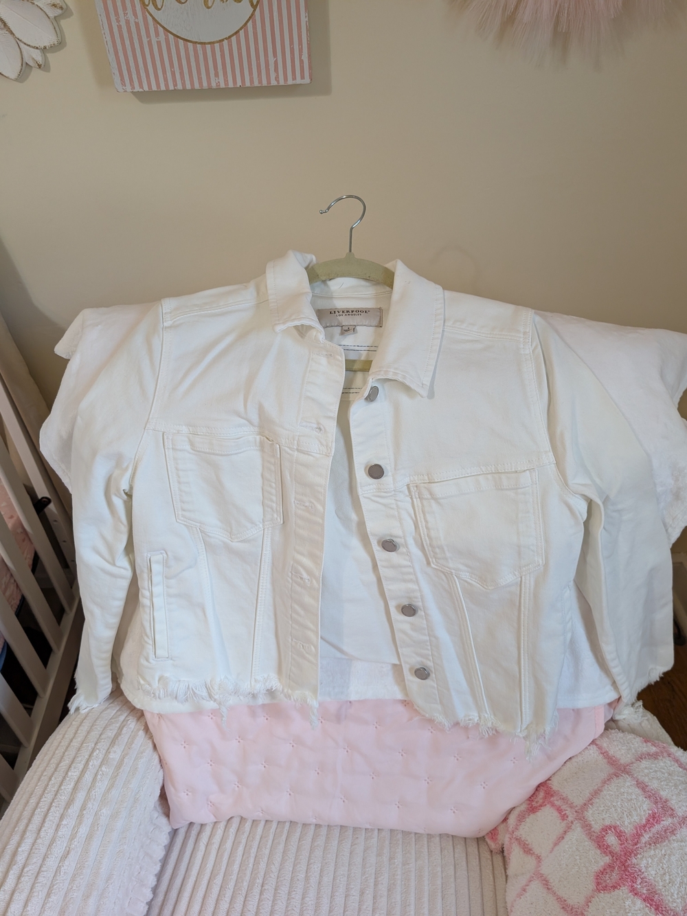 Women's White Denim Jacket with Frayed Hem
